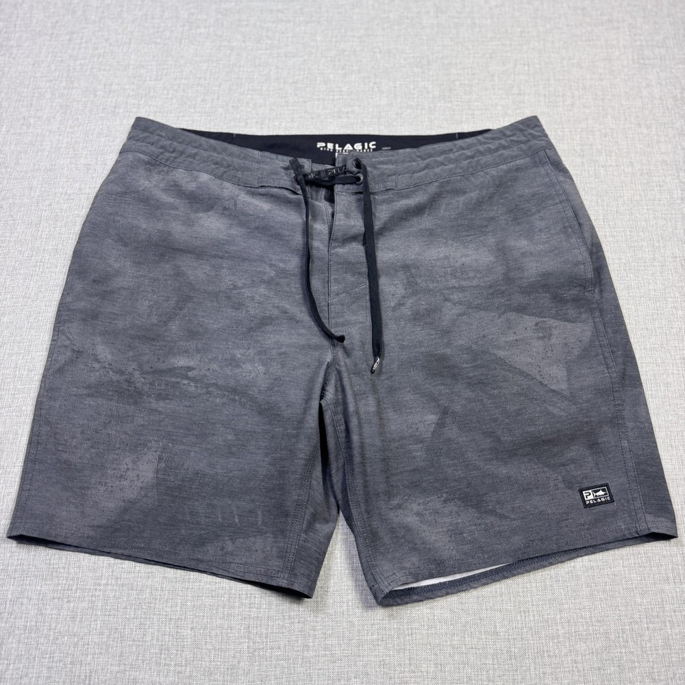 PELAGIC Board Shorts Swim Trunks Mens 30 Gray Geometric Drawstring Fishing